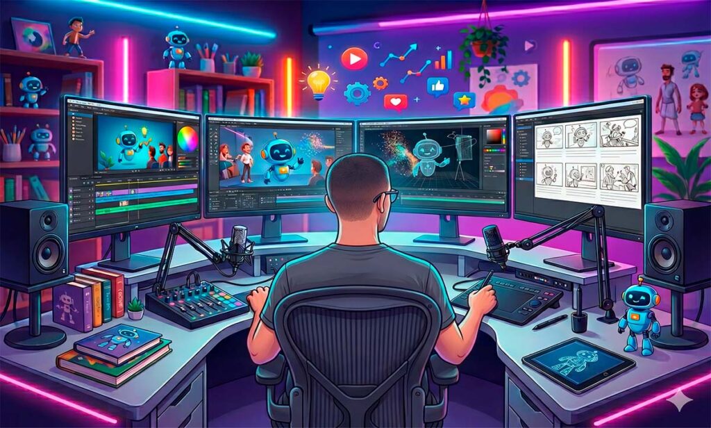 Ilustração profissional representando a criação de vídeos explicativos animados em uma agência de marketing digital.