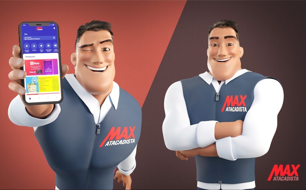 Mascote 3D masculino de funcionário do Max Atacadista de braços cruzados e mostrando aplicativo de ofertas no celular, criado pela DGN Publicidade.