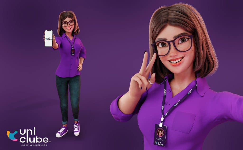 Avatar 3D corporativo de mulher com óculos e crachá do Uniclube, tirando selfie e mostrando celular com aplicativo, criada pela DGN Publicidade. Título: Versão limpa e comercial do nome do arquivo, focando no nicho de empresas e