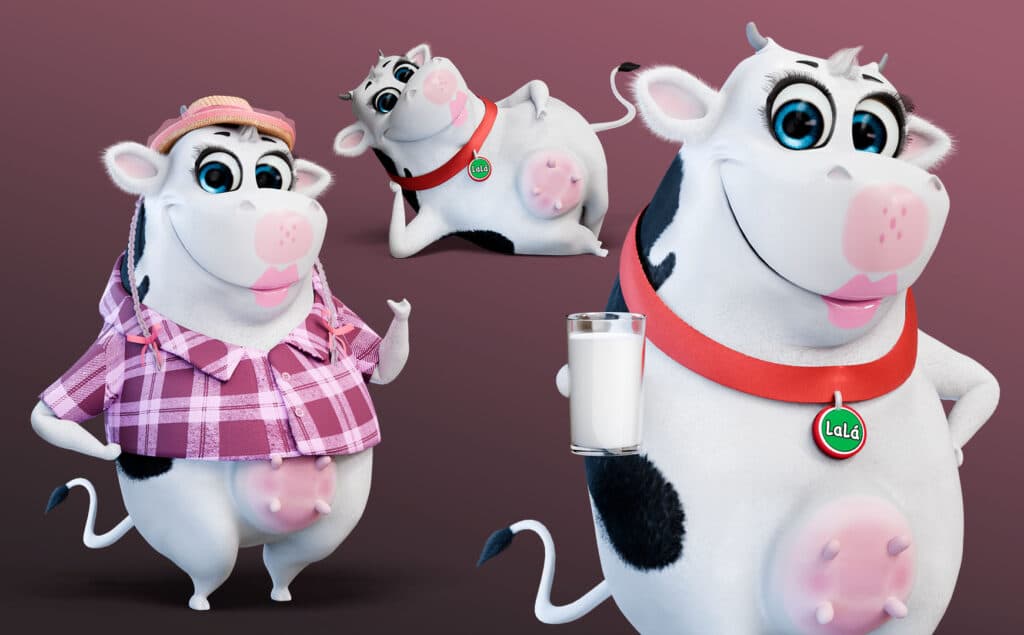 Composição com 3 poses e figurinos da mascote animal 3D de vaquinha (Lá lá): look de fazendeira, pose deitada e segurando copo de leite, criada pela DGN Publicidade.