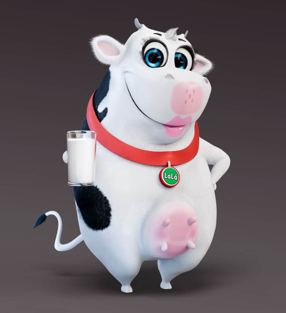 Mascote 3D de vaquinha (personagem Lá lá) em pé segurando um copo de leite, desenvolvida para embalagens de laticínios pela DGN Publicidade.