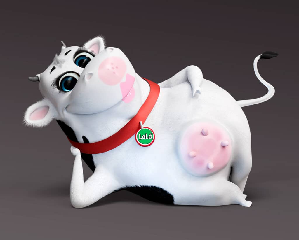 Mascote 3D de vaquinha (personagem Lá lá) deitada e sorrindo, criada para marca de laticínios pela DGN Publicidade.