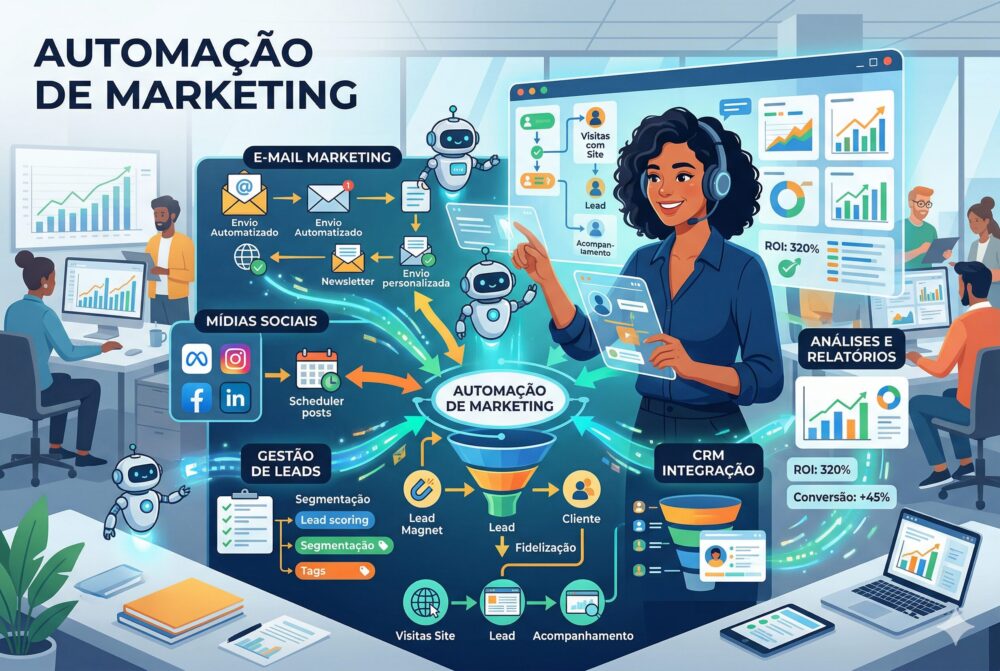 Infográfico de Automação de Marketing ilustrando processos de e-mail marketing, gestão de leads, mídias sociais e integração com CRM para empresas.
