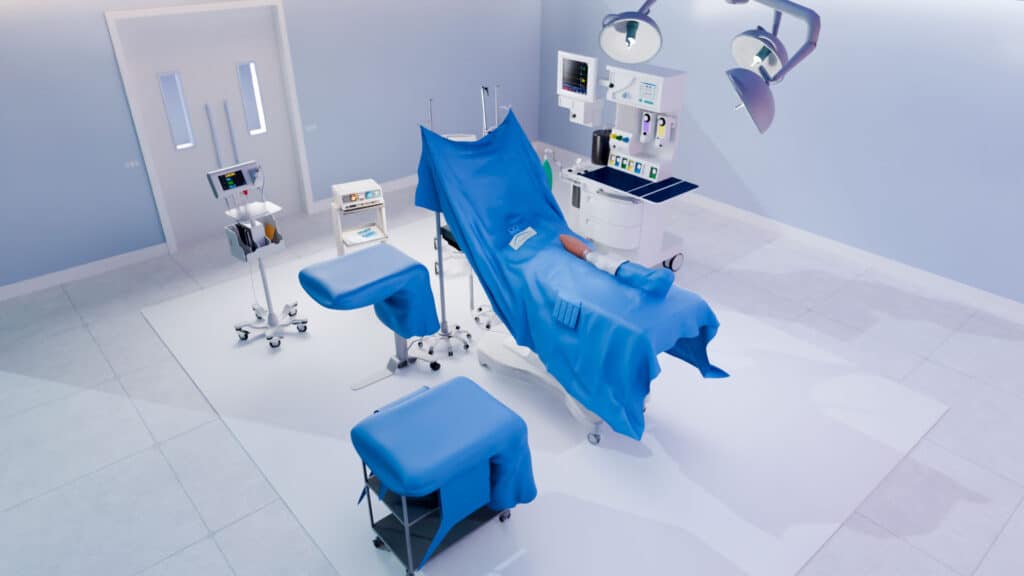 Simulação 3D fotorrealista de centro cirúrgico hospitalar para demonstração de procedimentos e equipamentos médicos.