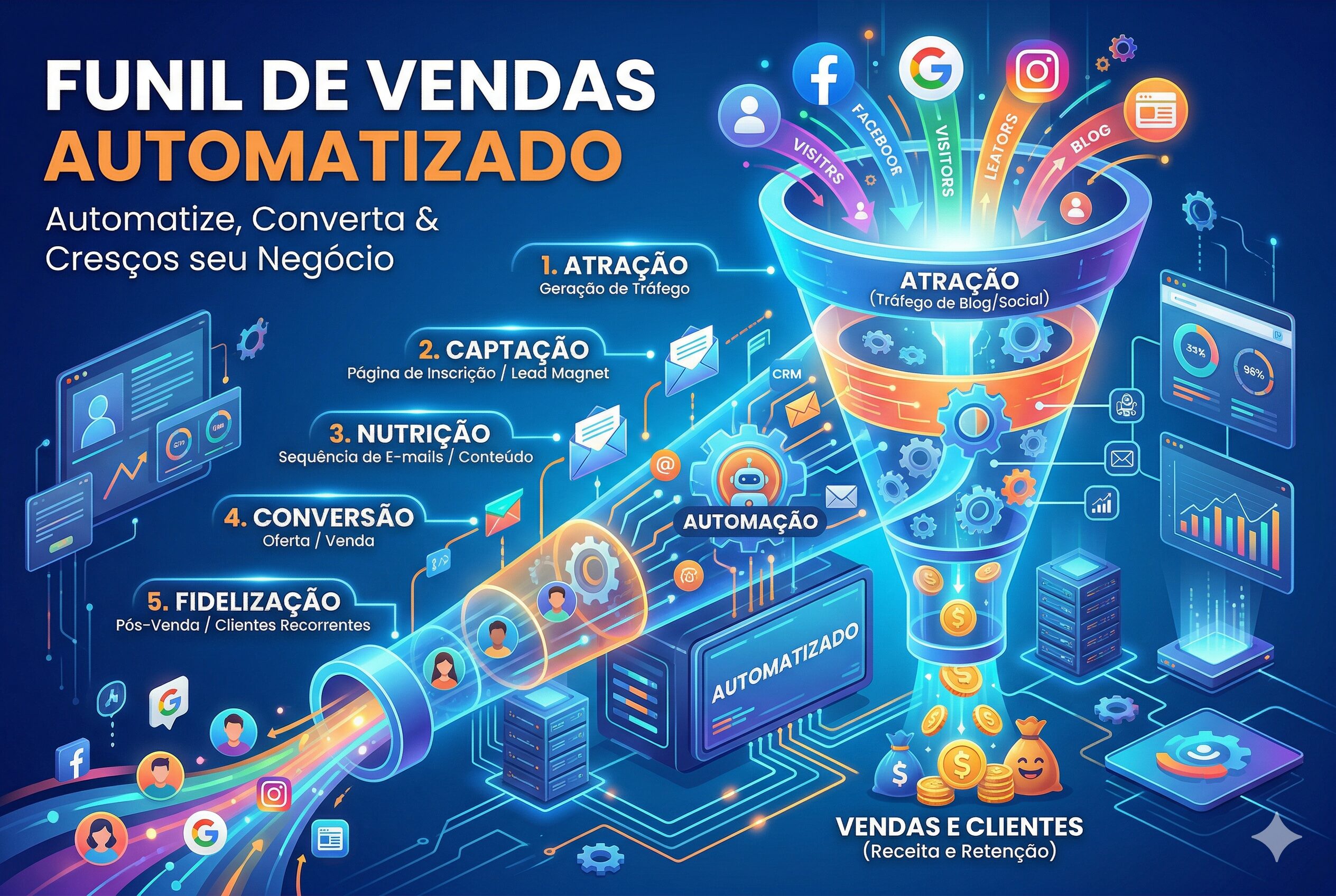 Infográfico detalhando as 5 etapas do funil de vendas automatizado: Atração, Captação, Nutrição, Conversão e Fidelização para marketing digital.