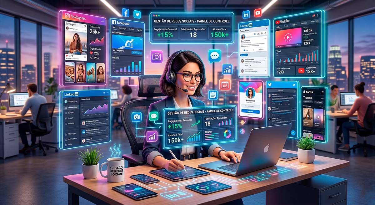 Especialista em gestão de redes sociais analisando métricas e criação de conteúdo em ambiente digital de alta tecnologia.