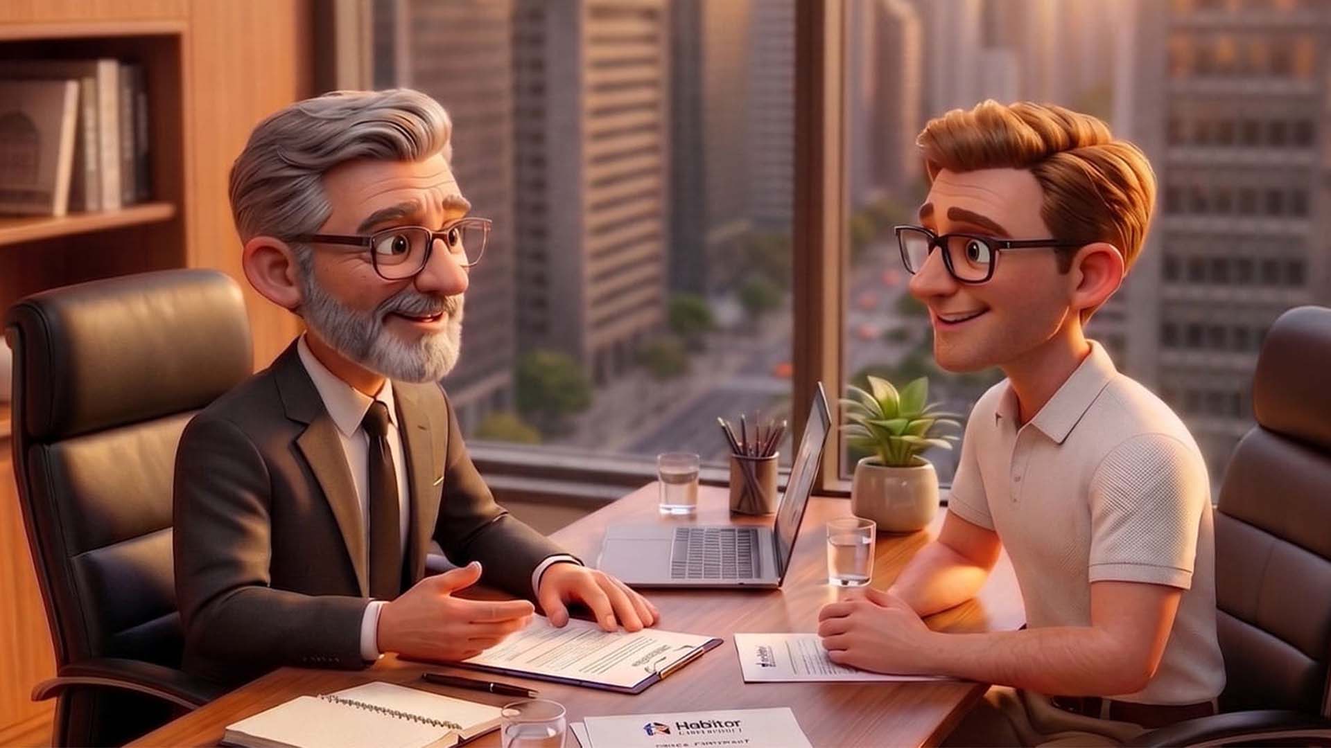 Dois personagens 3D em uma reunião de negócios em escritório corporativo moderno, criados para vídeo de animação com IA pela DGN Publicidade.