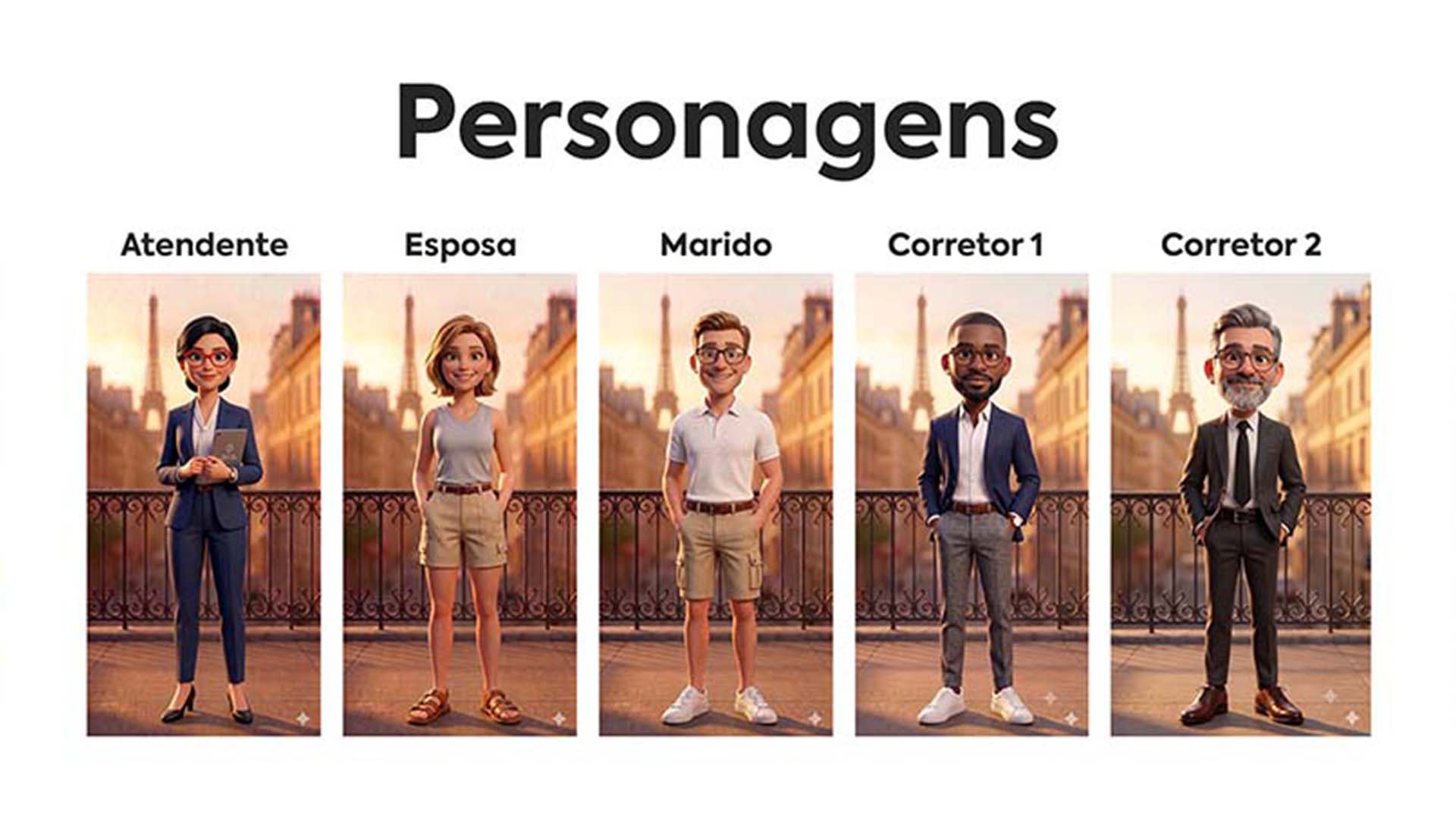 Grid com 5 personagens 3D (Atendente, Esposa, Marido, Corretor 1 e Corretor 2) desenvolvidos com inteligência artificial para vídeos animados pela DGN Publicidade.